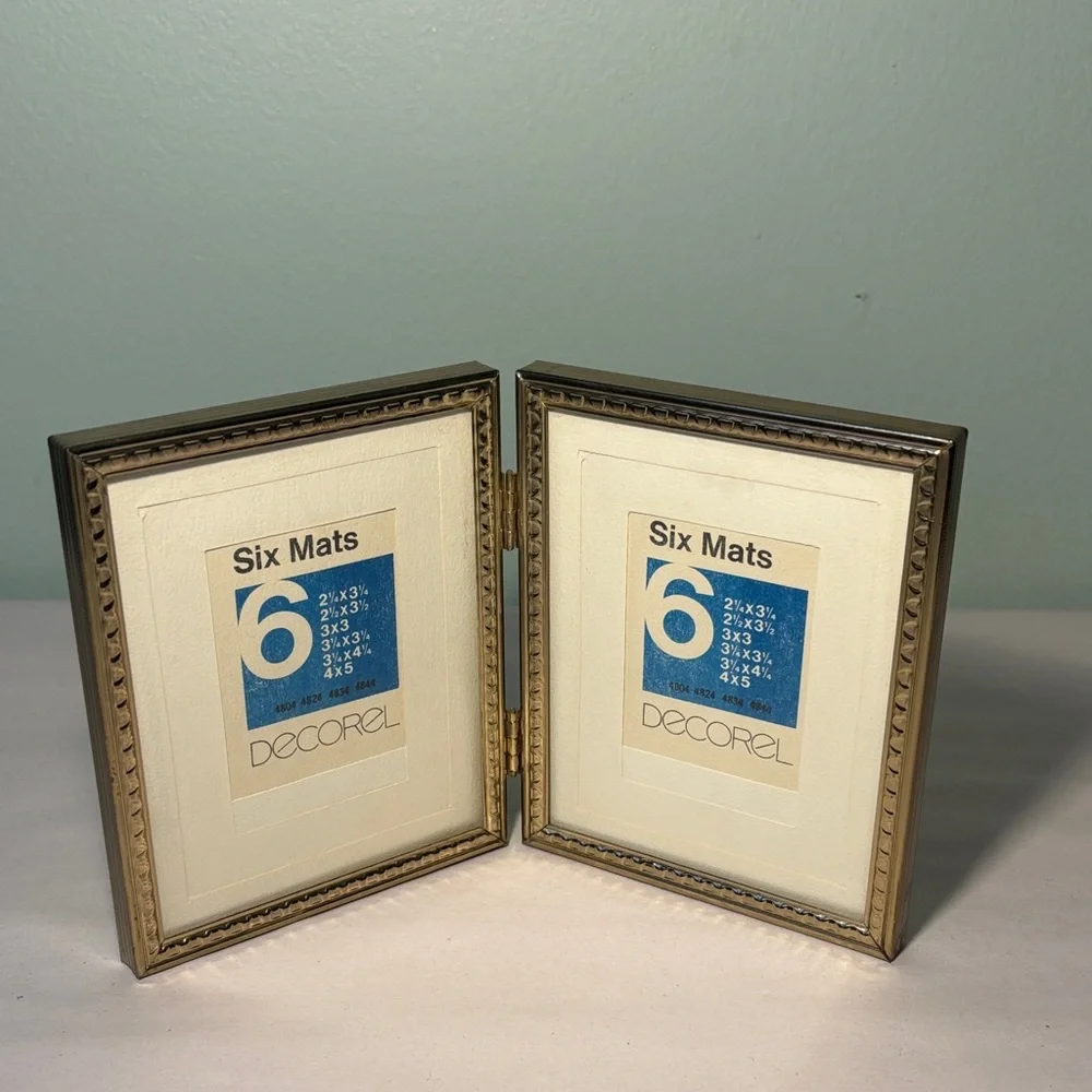 Gold Tone Bi-Fold Double Picture Frame with 6 Mats